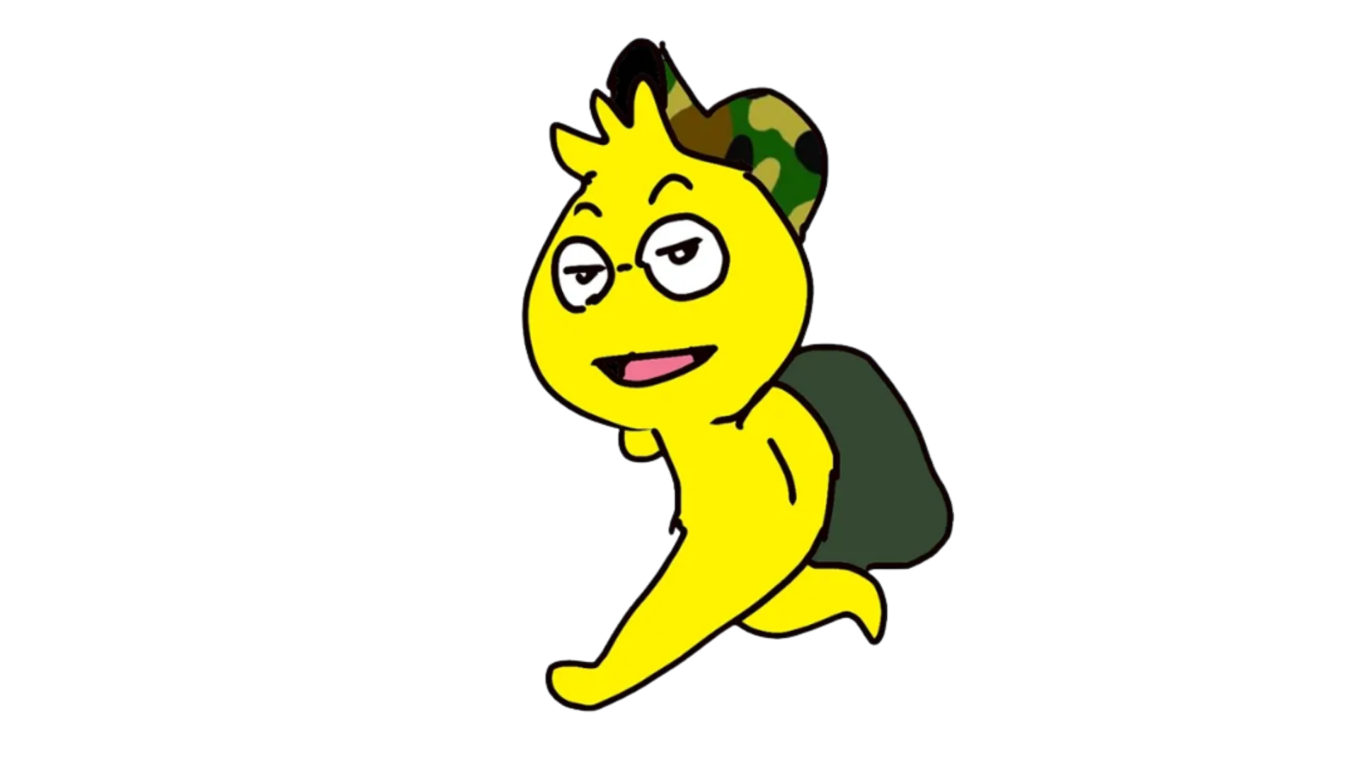 Toon strolling along with a green backpack