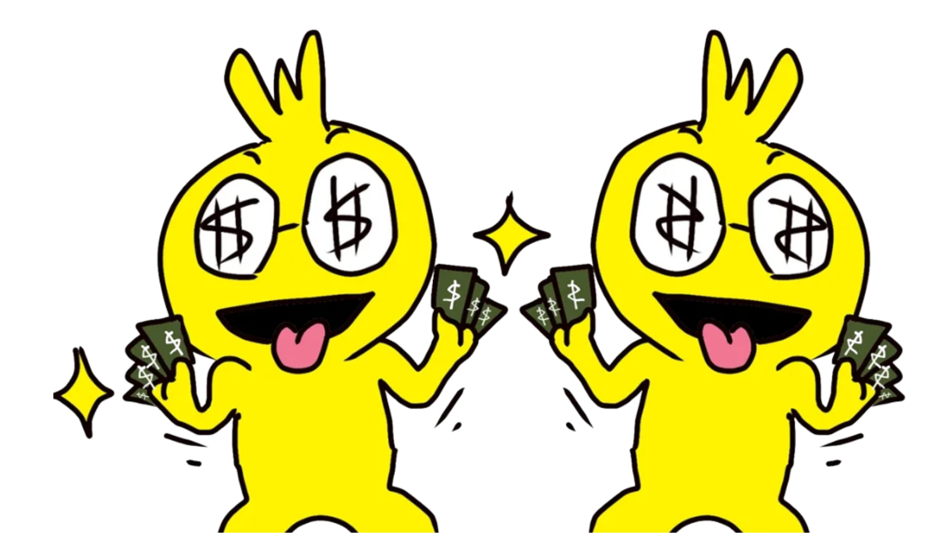 Two Toons with dollar-sign eyes holding cash